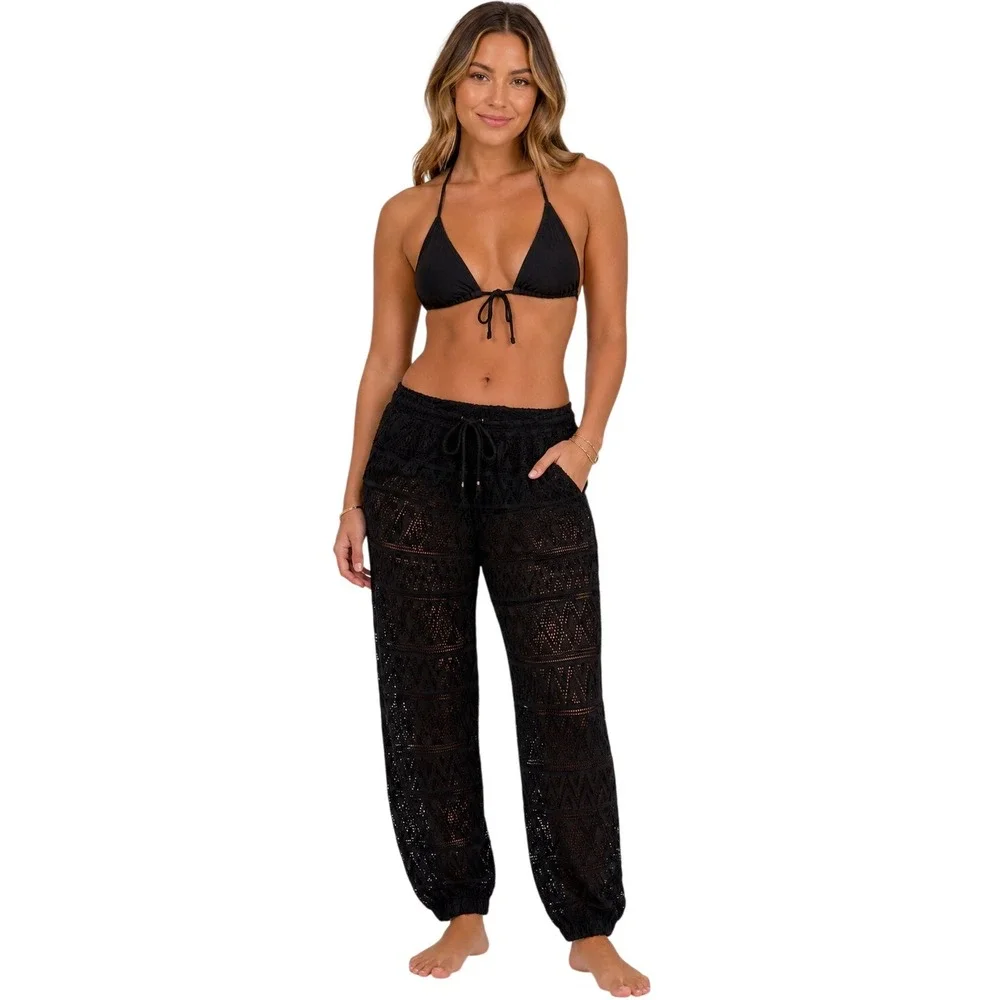 Pacific Beach Crochet Swim Cover Up Pants Womens Medium Black Drawstring Jogger